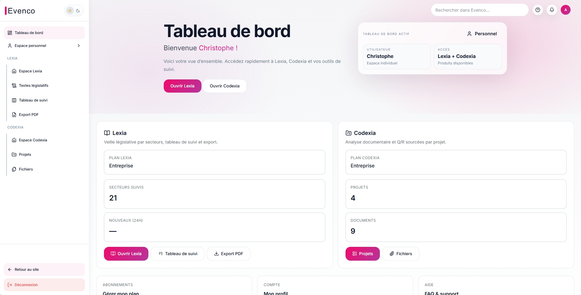 Tableau de bord Evenco après connexion.