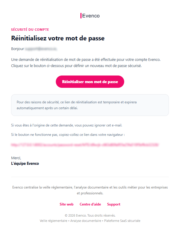 Email de réinitialisation du mot de passe Evenco.